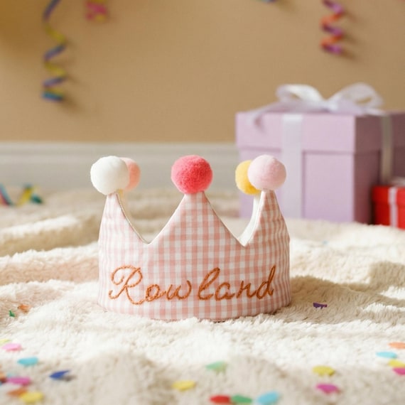 Heirloom Personalized 1st Birthday Crown, Hand Embroidered Name, Pink Gingham Cotton, Baby Toddler 0-3, Keepsake Gift