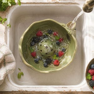 May include: A sage green ceramic berry colander bowl with a central perforated dome, filled with fresh raspberries, blackberries, and blueberries being rinsed under a stream of water. The bowl features a small handle and a textured rim.