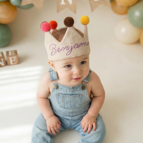 Hand Embroidered Toddler, Personalized Baby Crown, Baby Birthday Crown, Embroidered Name, First Birthday Keepsake Crown, Personalized Gifts