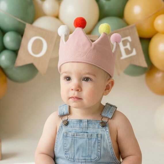 Personalized Baby Crown, Hand Embroidered Heirloom Keepsake, First Birthday Gift