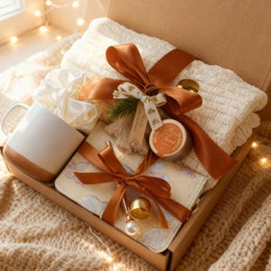 Könnte beinhalten: Eine Geschenkbox gefüllt mit einer cremefarbenen Decke, einer weißen Tasse mit braunem Boden, einem Scrunchie, einem kleinen Glas und einer gemusterten Geldbörse. Die Box ist mit einem braunen Band und einem dekorativen Anhänger gebunden. Thema: gemütliches Geschenkset.