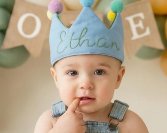 Hand Embroidered Birthday Crown - Personalized Custom Name Hat for Kids - Adjustable Fabric Keepsake