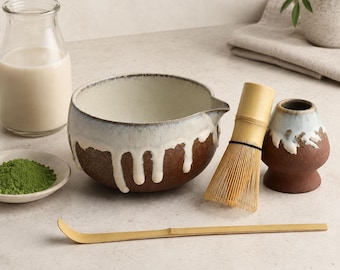Rustic Ceramic Matcha Bowl Set with Chasen Holder, Bamboo Whisk and Scoop, Earthy Wabi Sabi Chawan Tea Set