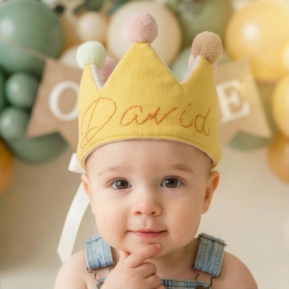 Hand-Embroidered Personalized Birthday Crown | Cotton Keepsake | Heirloom Name Crown for Baby & Toddler 0-3