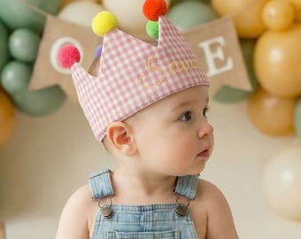 Personalized Pink Gingham Birthday Crown, Hand Embroidered Name, Baby Toddler 0-3, Cake Smash Photo Prop, 1st Birthday