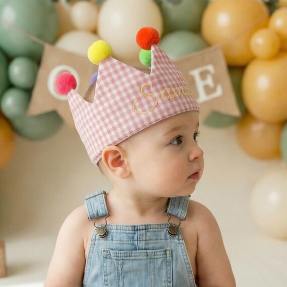 Personalized Pink Gingham Birthday Crown, Hand Embroidered Name, Baby Toddler 0-3, Cake Smash Photo Prop, 1st Birthday
