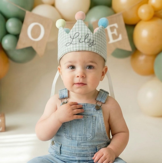 Personalized Birthday Crown Hat, Custom Name Embroidered Gingham Fabric Crown, Toddler Party Outfit Keepsake