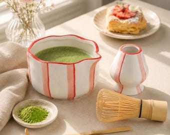 Red Stripe Ceramic Matcha Bowl Set with Bamboo Whisk, Scoop and Chasen Holder