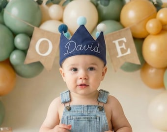 Hand Embroidered Navy Birthday Crown, Personalized Baby Keepsake