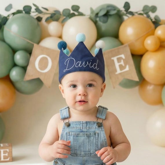 Hand Embroidered Navy Birthday Crown, Personalized Baby Keepsake