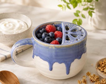 Ceramic Berry Washing Mug with Built-In Strainer, Blue Drip Glaze Blueberry Rinse Cup, Small Fruit Colander, Kitchen Gift
