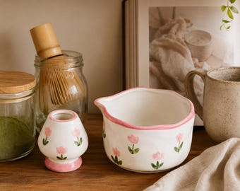 Pink Tulip Ceramic Matcha Bowl Set with Whisk Holder and Bamboo Whisk, Floral Matcha Tea Gift for Her