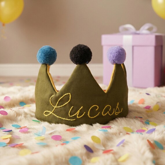 Hand-Embroidered Personalized Crown | Cotton Name Crown 0-3 | Neutral Boho Woodland 1st Birthday Keepsake