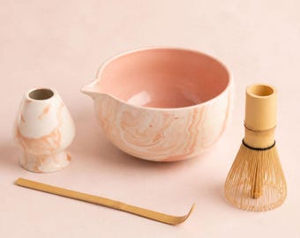 Pink Marble Ceramic Matcha Bowl Set with Spout, Whisk Holder and Bamboo Matcha Tools, Handmade Tea Gift for Her