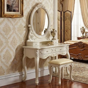 Coiffeuse provinciale de style Louis, France avec miroir et tabouret, ivoire de style Louis