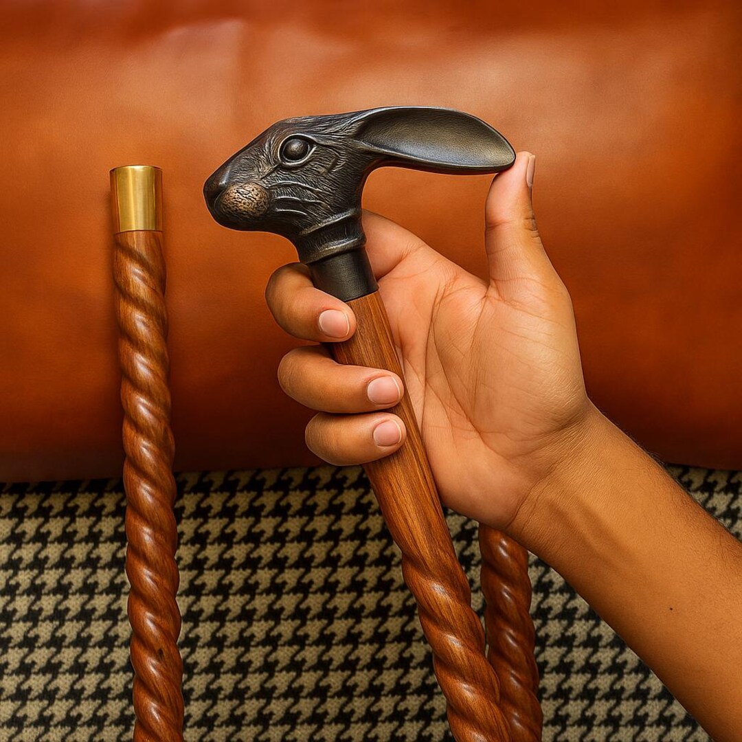 Rabbit Head Walking Cane | Solid Brass Handle | 37-inch Wooden Cane ...