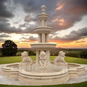 Premium beige Sand Stone  loin Fountain | Outdoor Garden Water Feature | Hand-Carved Winged Lion Sculpture | Luxury Villa & Hotel Decor