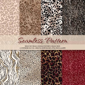 Könnte beinhalten: Eine Sammlung von acht nahtlosen Tiermustern in neutralen Farbtönen. Die Muster umfassen Leopardenflecken, Gepardenflecken, Zebrastreifen und andere Tiermuster. Der Text "Seamless Pattern" und "Wild Neutrals Animal Pattern Collection" ist ebenfalls sichtbar.