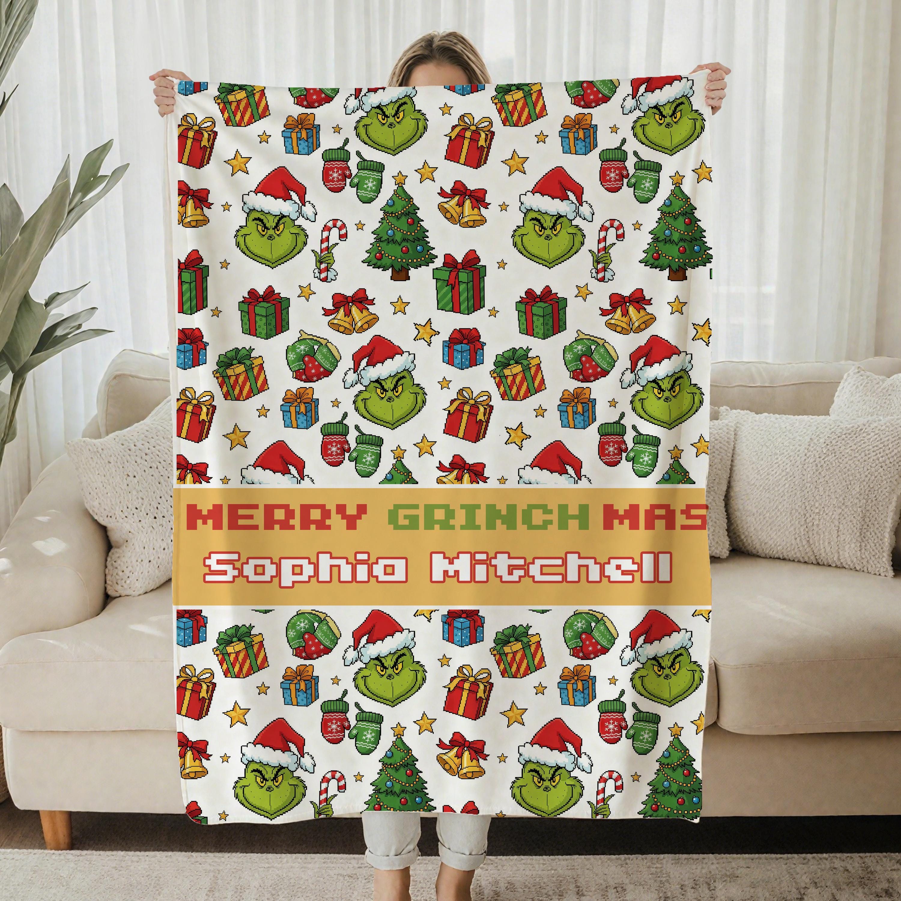 Discover Personalized Christmas Blanket, Retro 8-Bit Pixel funny character Holiday, Custom Name Blanket, Fun Xmas Blanket for Kids