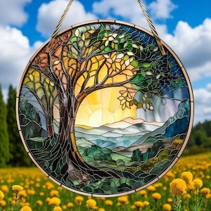Nature SceneTree Stained Glass Suncatcher, Nature Window Art, Rustic Home Decor,  Stained Glass Window Decor, Christmas Home Decor