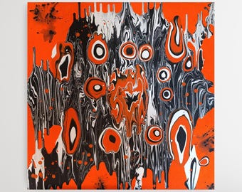 Original Abstraktes Acrylbild, Schwarz & Weiss auf kräftigem Orange Leinwand, moderne Kunst, Unikat 70 x 70 cm