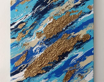 Original Strukturgemälde, abstraktes Acrylbild auf Leinwand | Moderne Wandkunst | Oceanic Gold Unikat 50 x 70 cm