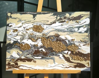 Abstraktes Original Gemälde in Gold Strukturiert – Moderne Acrylmalerei – Luxuriöse Erdige Wohnkultur Unikat 70 x 50 cm