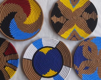 Colorful Wall Basket  Set of  5 , Boho Baskets, African Wall Baskets, Woven Wall Baskets, Handmade bohemian Wall Decor