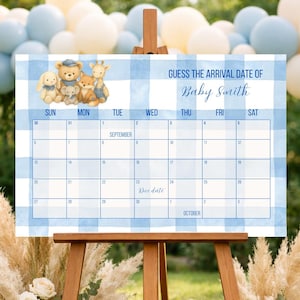 Calendario de nacimiento de Blue Jean, letrero para baby shower con fecha de llegada, decoración rústica de cuadros vichy para baby shower, plantilla de Canva DIY