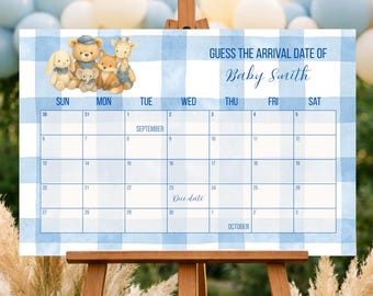 Blue Jean Baby Due Date Calendar, Guess the Arrival Date Baby Shower Sign, Gingham Rustic Baby Shower Decor, Canva Template DIY