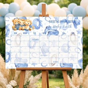 Blue Jean Baby Due Date Calendar, Guess the Arrival Date Baby Shower Sign, Cowboy Rustic Baby Shower Decor, Canva Template DIY
