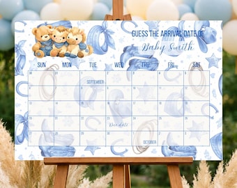 Blue Jean Baby Due Date Calendar, Guess the Arrival Date Baby Shower Sign, Cowboy Rustic Baby Shower Decor, Canva Template DIY