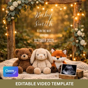 Woodland Baby Announcement Digital | Gender Neutral Pregnancy Reveal Video | Editable Forest Stuffed Animal Template | Rustic Social Media