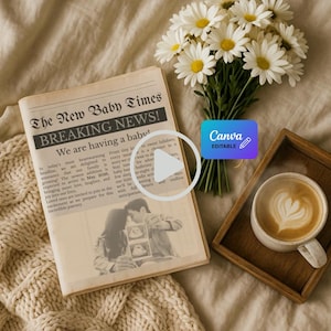 Editable Pregnancy Announcement Video, Neutral Rustic Newspaper Baby Announcement Template, Editable Pregnancy Reveal Digital Template