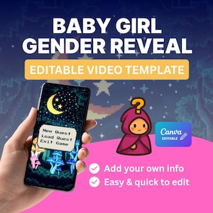 May include: A digital template for a baby girl gender reveal video. The design features a smartphone displaying a pixelated forest scene with a crescent moon and stars. A cartoon character in a purple cloak and a question mark is also shown.