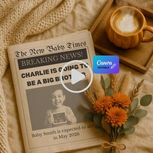 Editable Pregnancy Announcement Video Template, Newspaper Baby Announcement Template, Promoted to Big Brother,  Little Brother Announcement