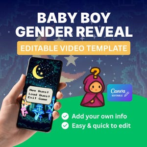 以下が含まれることがあります： スマートフォンには、三日月と星のあるビデオゲームのシーンが表示されています。「BABY BOY GENDER REVEAL」と「EDITABLE VIDEO TEMPLATE」の文字が上部にあります。右側には、疑問符の付いた漫画のキャラクターがいます。