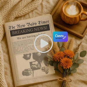 Editable Pregnancy Announcement Video, Rustic Newspaper Baby Announcement Template, Editable Pregnancy Reveal Digital Template Autumn Fall