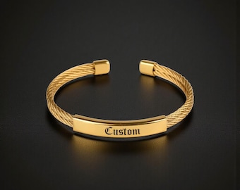 Pulsera de cable de acero inoxidable chapada en oro personalizada: brazalete minimalista grabado