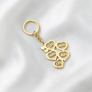 以下が含まれることがあります： 金色のキーホルダー。ハート型のチャームが複数付いています。各ハートには名前が刻まれています：Cay、Emma、Lily、Maly、Mily。キーホルダーにはリングとチェーンが付いています。
