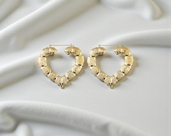 Textured Gold Heart Hoop Earrings, Bamboo Inspired Statement Jewelry