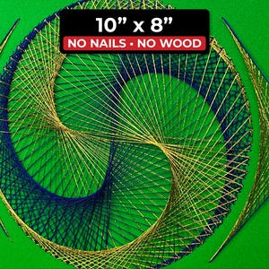 May include: A string art piece with a green background and a swirling design. The artwork is approximately 10 inches by 8 inches and features gold and navy blue threads. The text "NO NAILS • NO WOOD" is included.