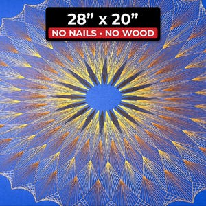 May include: A blue string art piece with a circular design. The artwork measures 28 inches by 20 inches and features gold and orange threads radiating from a central point. The text "NO NAILS • NO WOOD" is displayed.