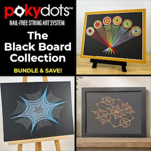 Op de afbeelding: De afbeelding toont de "Black Board Collection" van Pokydots, een spijkervrij draadkunst systeem. Het bevat ingelijste draadkunstwerken met kleurrijke ontwerpen op zwarte achtergronden. De kunstwerken worden tentoongesteld op ezels en een tafel.