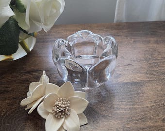 Vintage Crystal Lotus Flower Votive Candle Holder Heavy Glass Floral Tea Light Decor