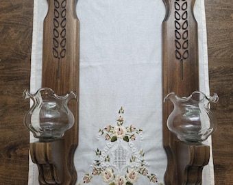 Vintage Mid Century Wood Wall Sconce Candle Holders Set of 2 Wheat Carved Glass Hurricane Shades MCM Rustic Farmhouse Decor