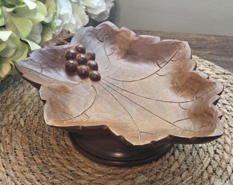 Vintage Jobin Switzerland Musical Carved Wood Leaf Bowl | Grapes Pedestal Candy Dish | Blumenwalzer Music Box