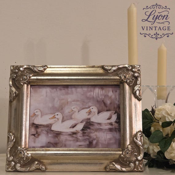 Vintage Ornate Silver Frame with Duck Print | 1980s Farmhouse Cottage Decor | Rustic Tabletop or Wall Hanging Art