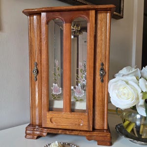 Vintage Wood Jewelry Armoire With Etched Glass Doors