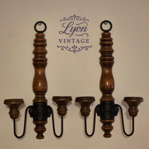 Pair of Vintage Wooden & Wrought Iron Wall Sconces – Double Candle Holders – Rustic Farmhouse Wall Decor